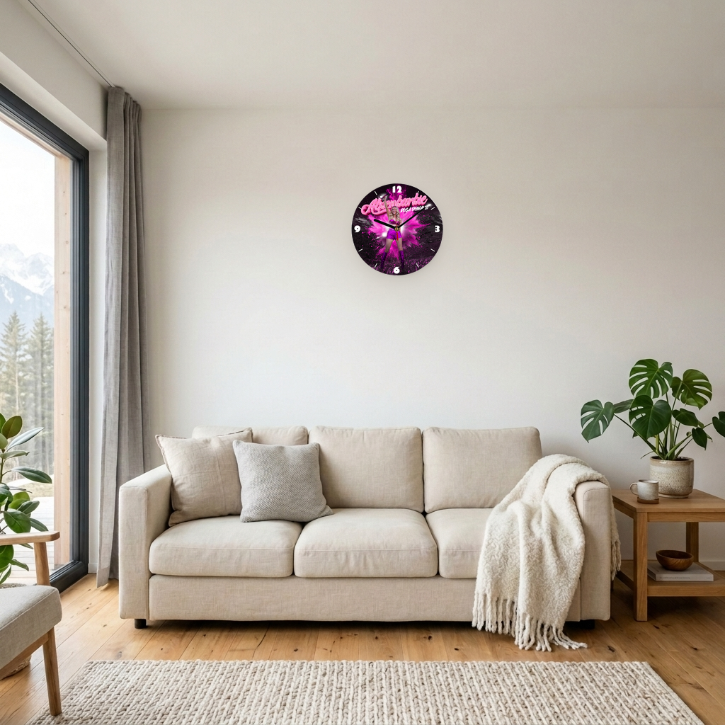 Rosa Dynamit Wanduhr im Wohnzimmer an der Wand