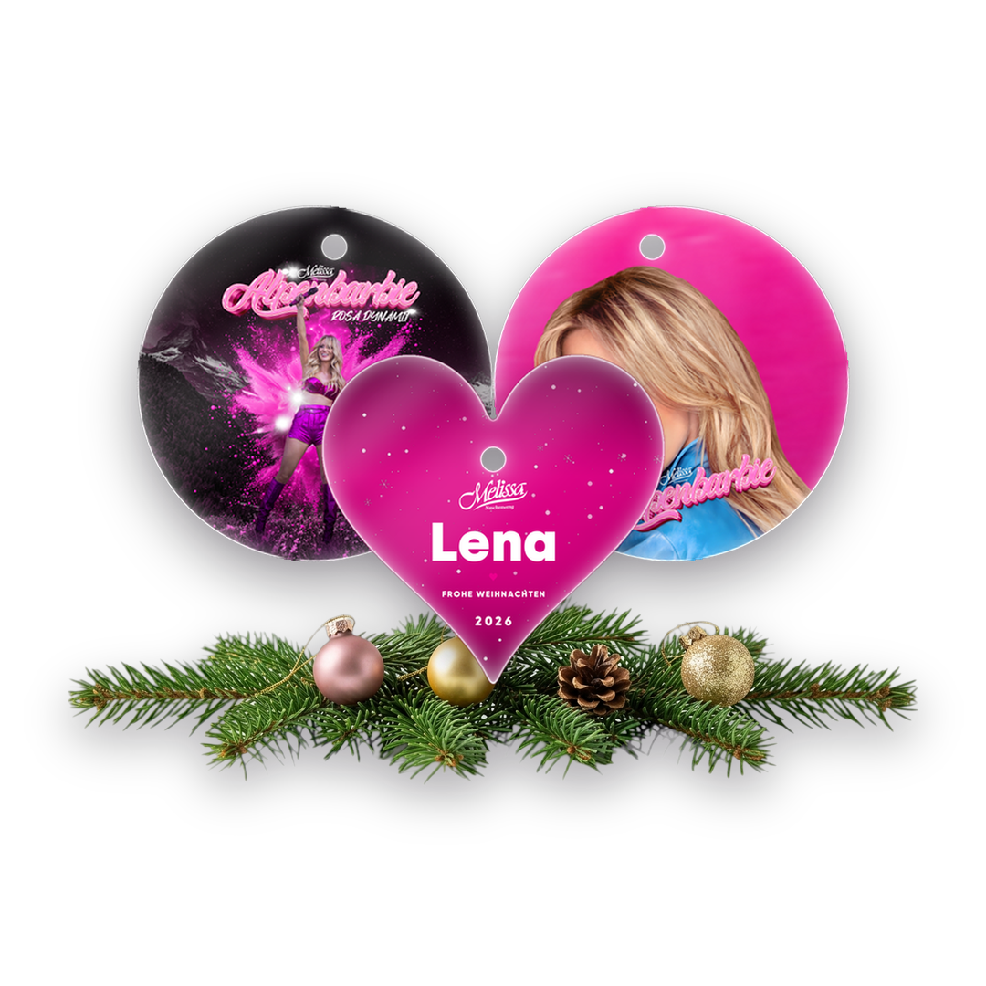 Rosa Trio - Christbaumanhänger 3er-Set: Zwei Anhänger aus Glas und dein Herz mit Namen