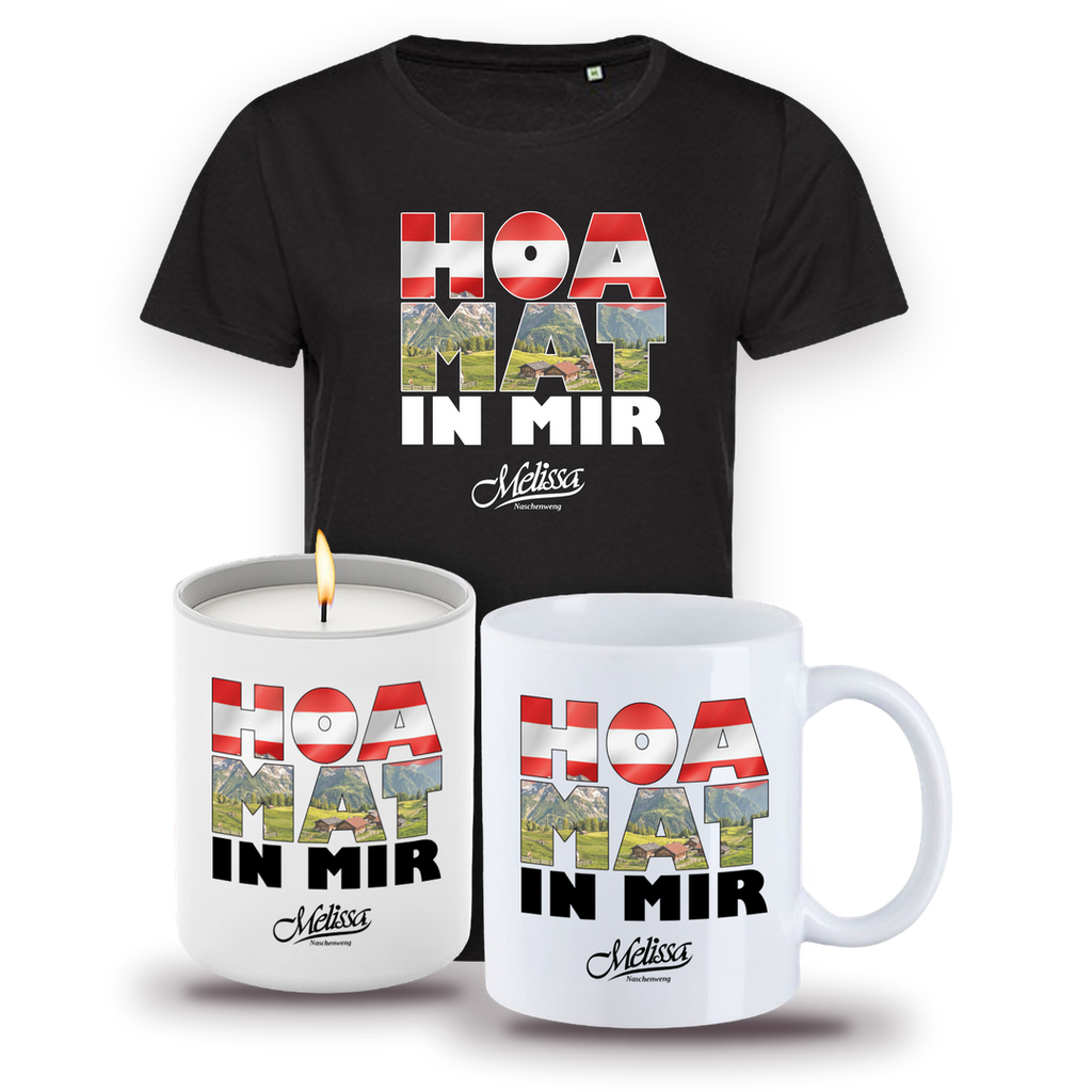 Hoamat in mir Nationalfeiertag-Set: T-Shirt, Häferl und Kerze, Österreich Edition