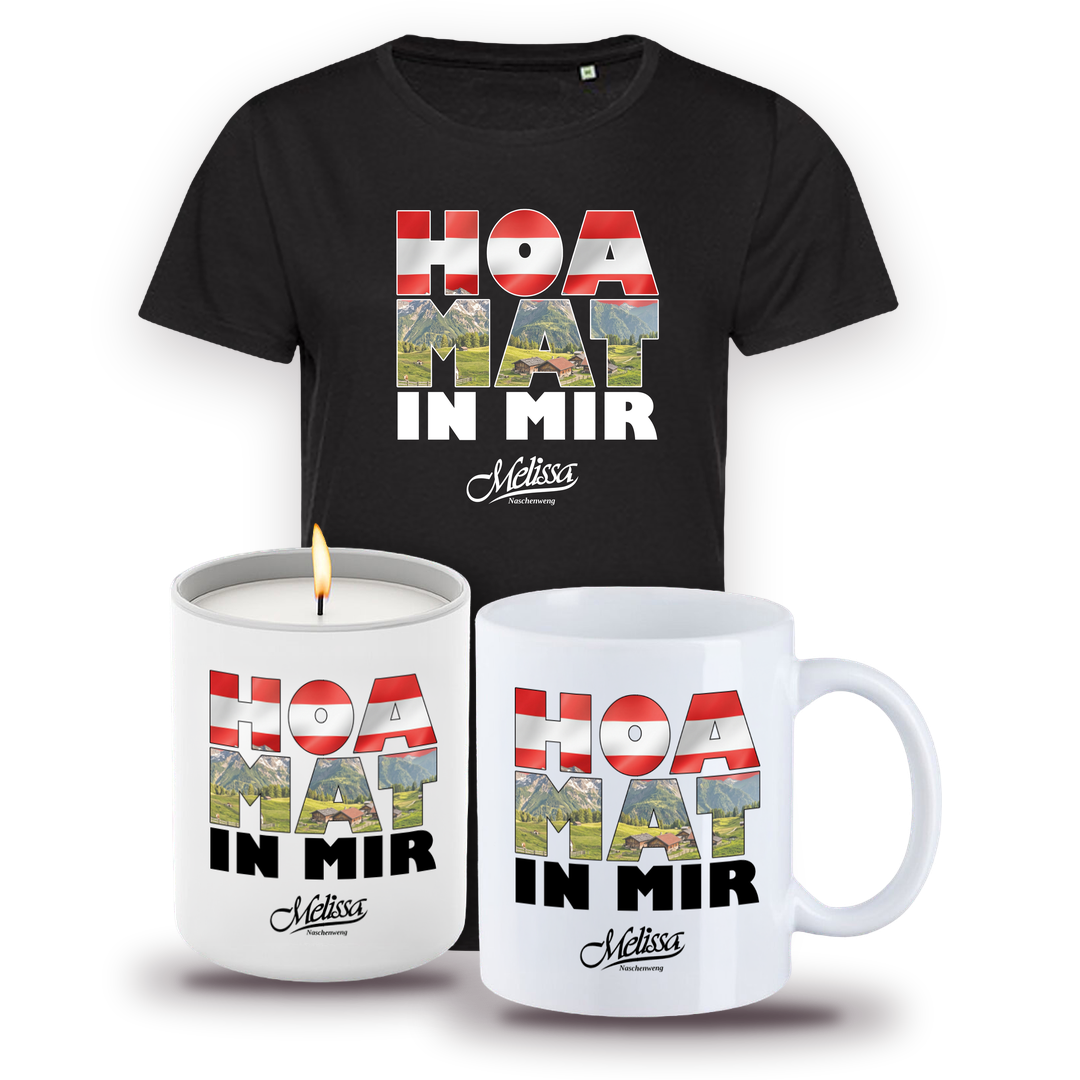 Hoamat in mir Nationalfeiertag-Set: T-Shirt, Häferl und Kerze, Österreich Edition