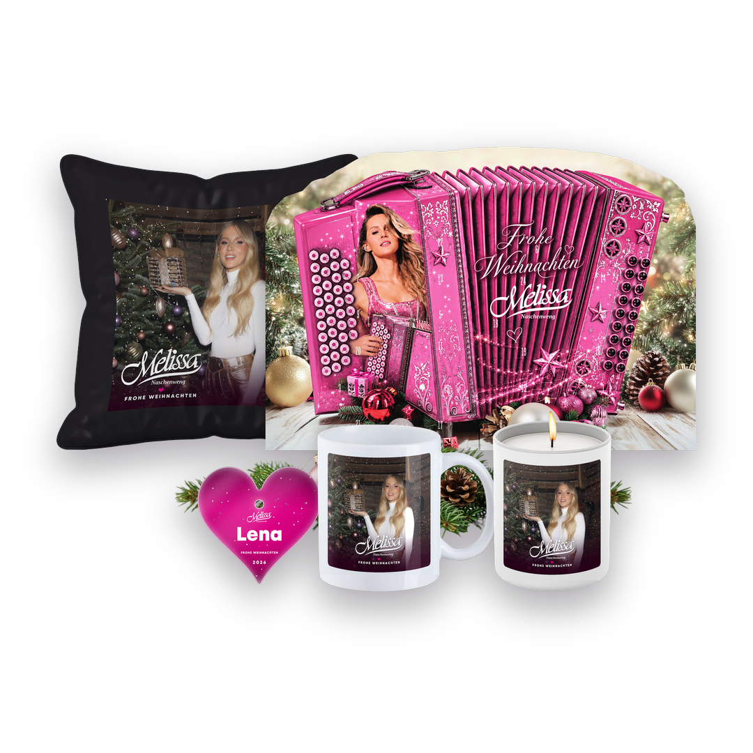 Rosa Weihnacht - Weihnachts-Set: Adventskalender, Häferl, Kerze, Polster und dein Herz mit Namen