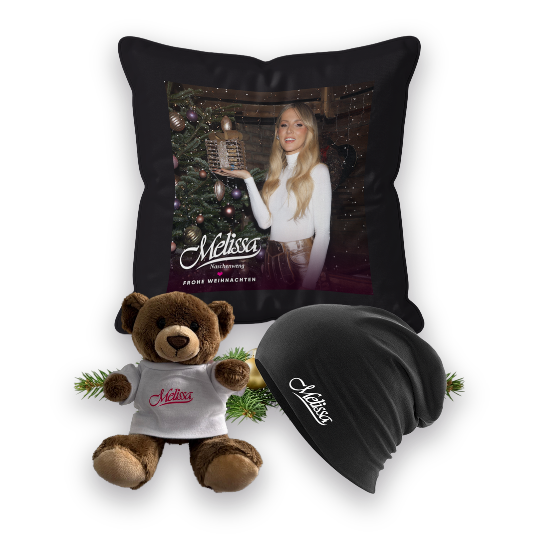 Rosa Kuschelzeit - Geschenkset, Teddybär Dunkel, Beanie Schwarz