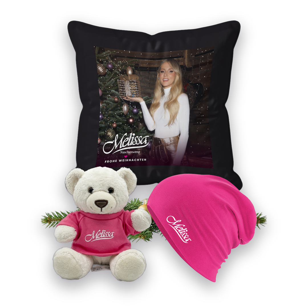 Rosa Kuschelzeit - Geschenkset, Teddybär Hell, Beanie Pink