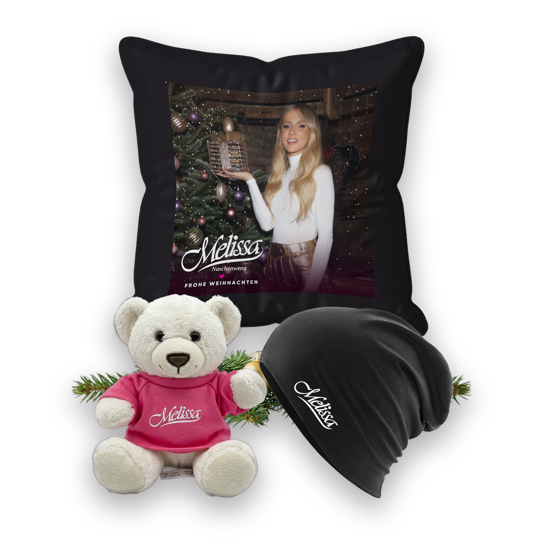 Rosa Kuschelzeit - Geschenkset, Teddybär Hell, Beanie Schwarz