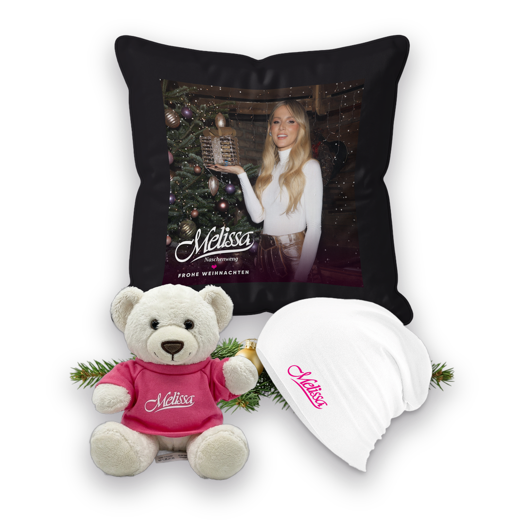 Rosa Kuschelzeit - Geschenkset, Teddybär Hell, Beanie Weiß